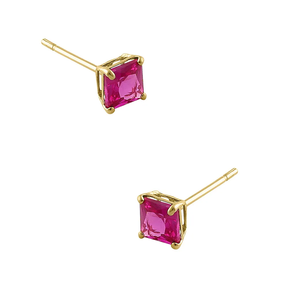 .78 ct Solid 14K Yellow Gold 4mm Princess Cut Ruby CZ Earrings