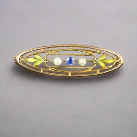 Antique Gold Krementz Enamel Leaf Pearl Sapphire Brooch