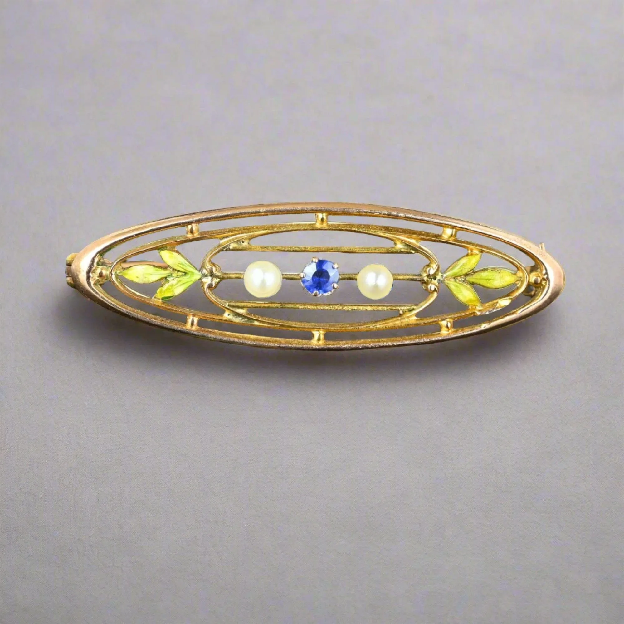 Antique Gold Krementz Enamel Leaf Pearl Sapphire Brooch