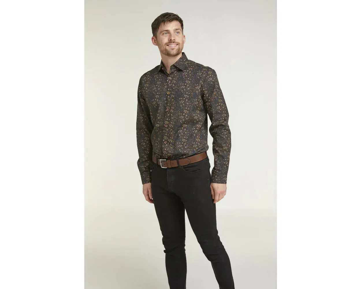BLACK & BRONZE FLORAL PRINT LONG SLEEVE FORMAL SHIRT