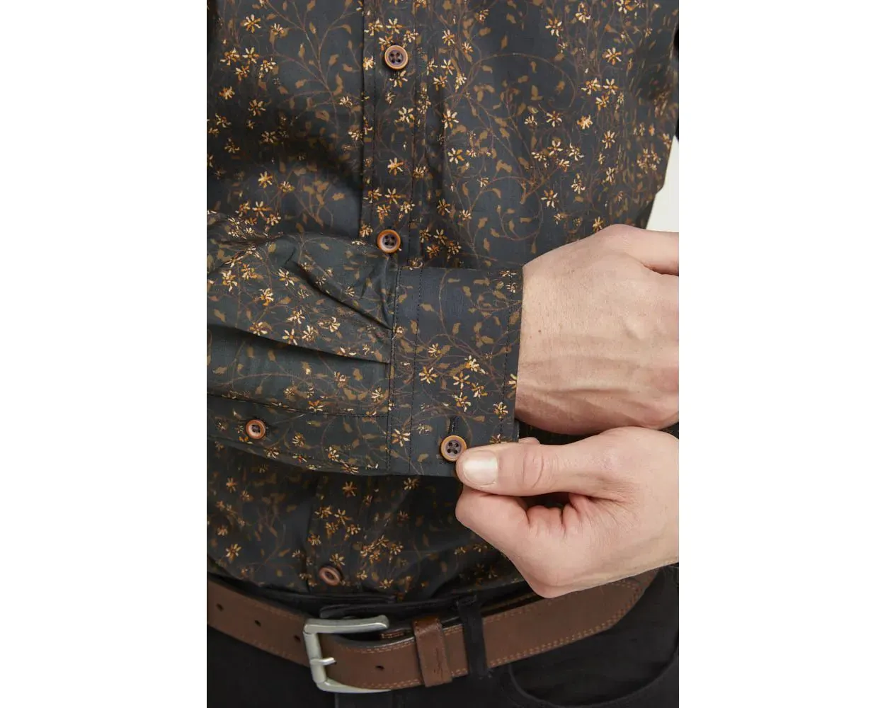 BLACK & BRONZE FLORAL PRINT LONG SLEEVE FORMAL SHIRT