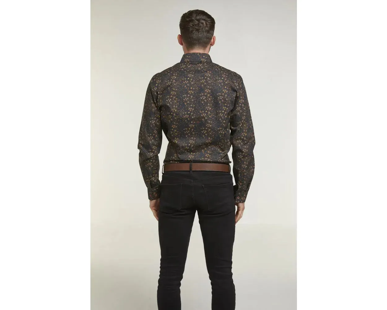 BLACK & BRONZE FLORAL PRINT LONG SLEEVE FORMAL SHIRT