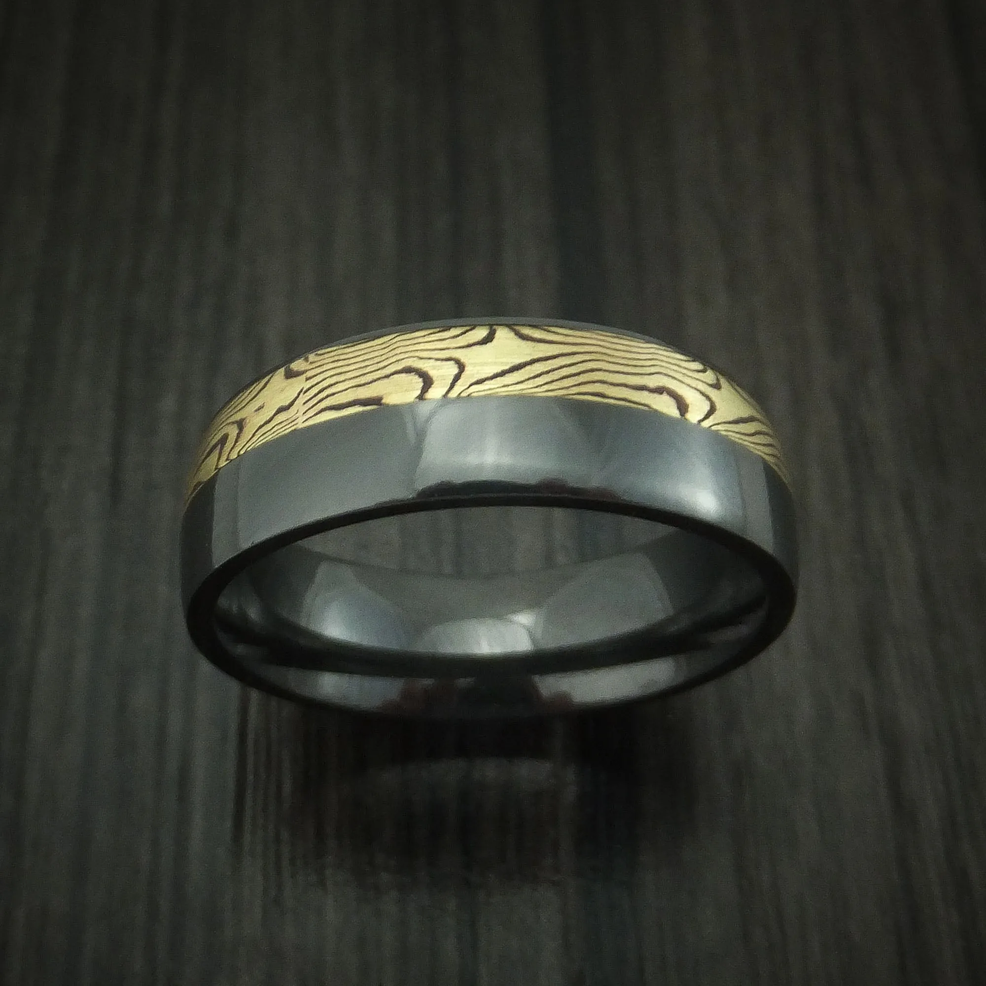 Black Titanium And Yellow Gold Mokume Shakudo Men's Ring Custom Made Band