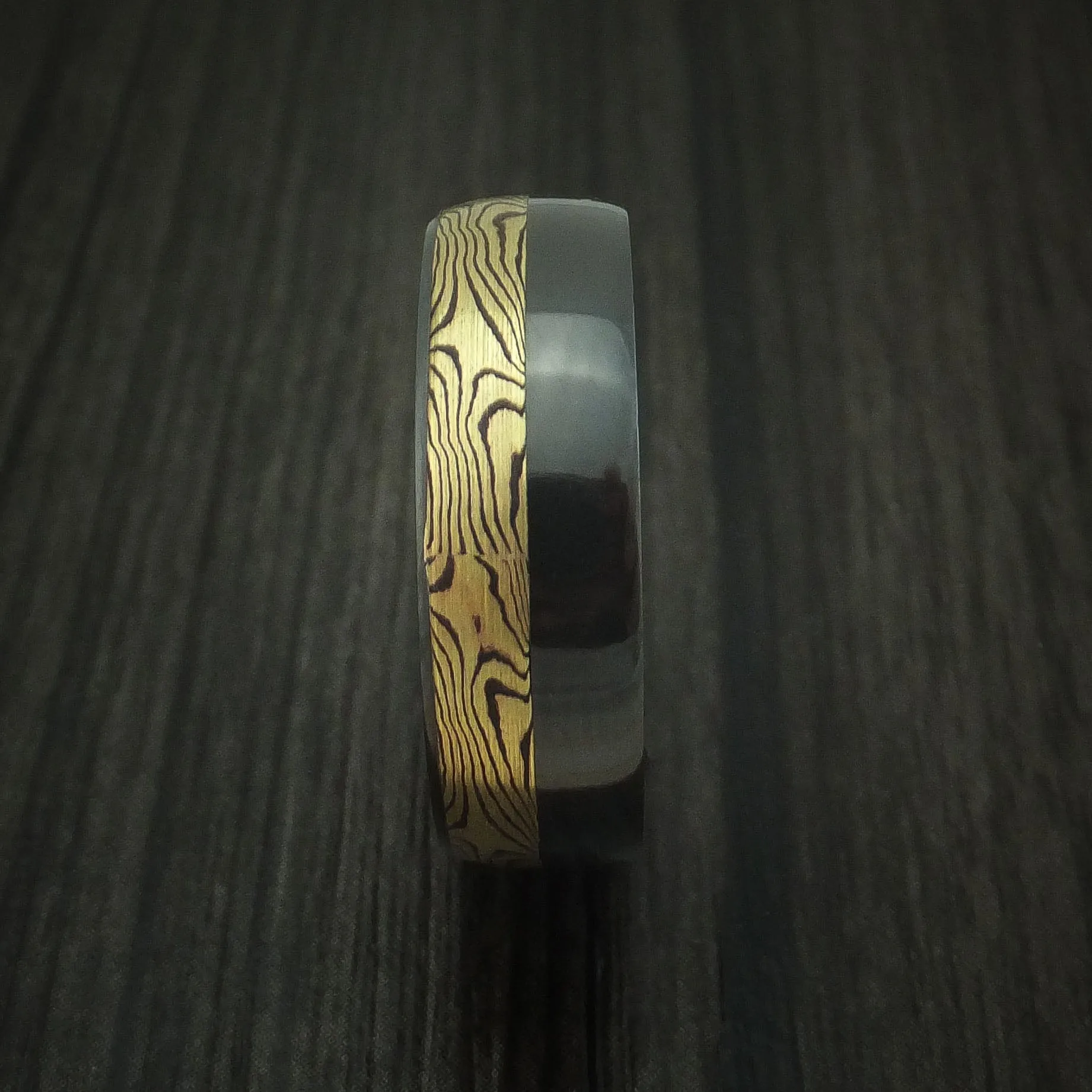 Black Titanium And Yellow Gold Mokume Shakudo Men's Ring Custom Made Band