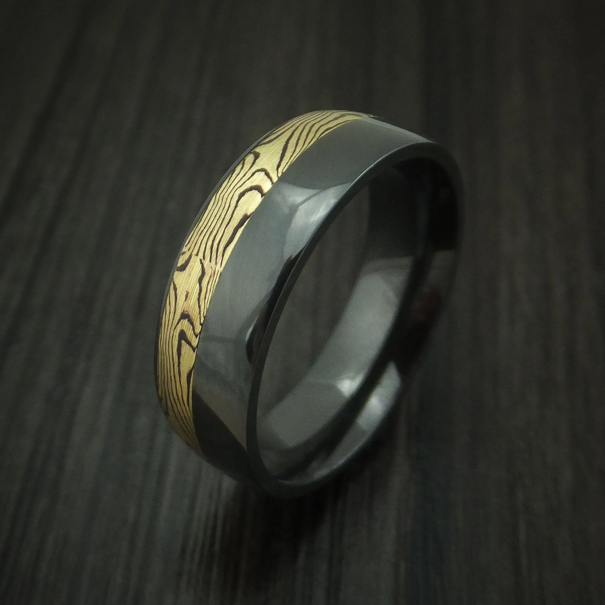 Black Titanium And Yellow Gold Mokume Shakudo Men's Ring Custom Made Band