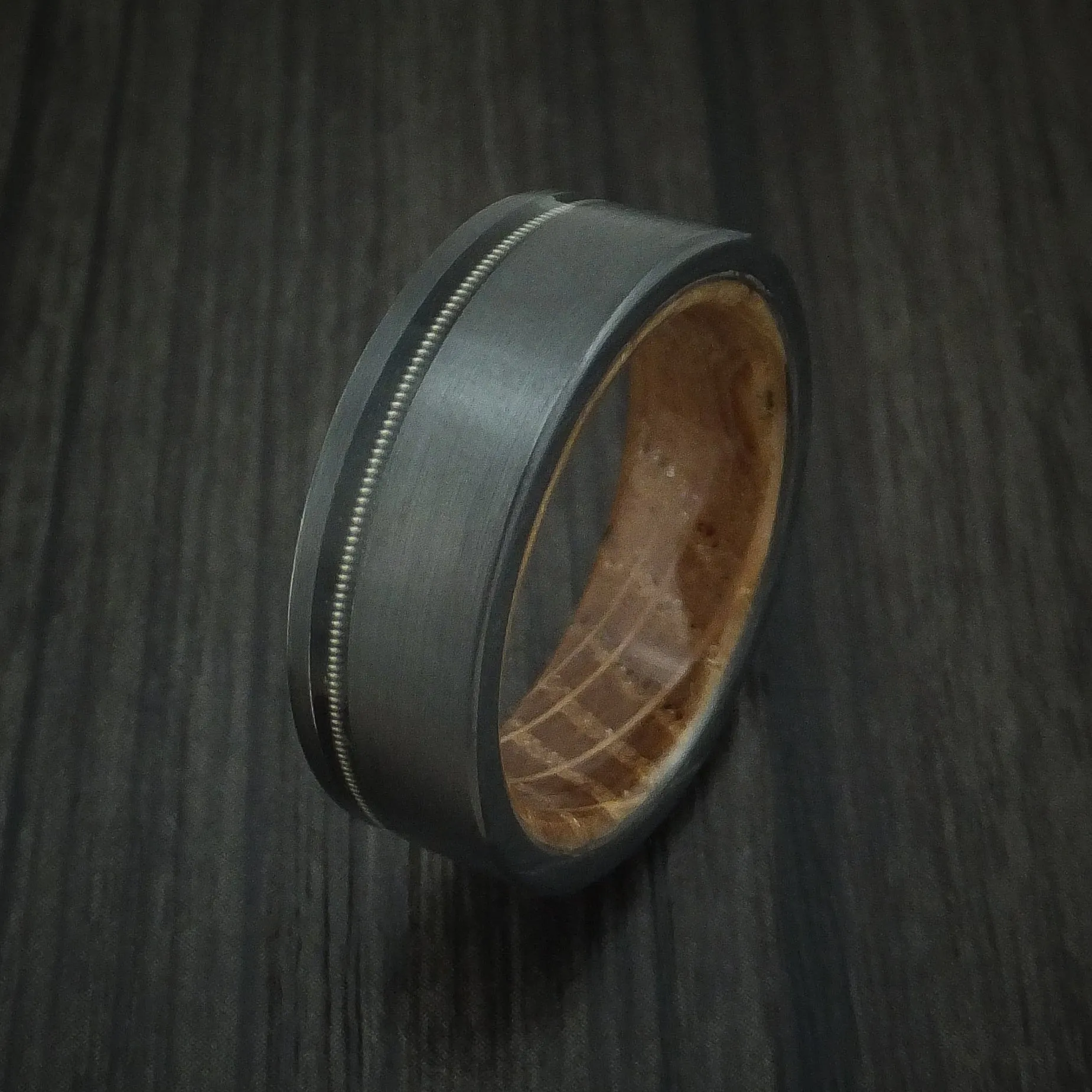Black Titanium Guitar String Men's Ring with Whiskey Barrel Hardwood Sleeve Custom Made Band