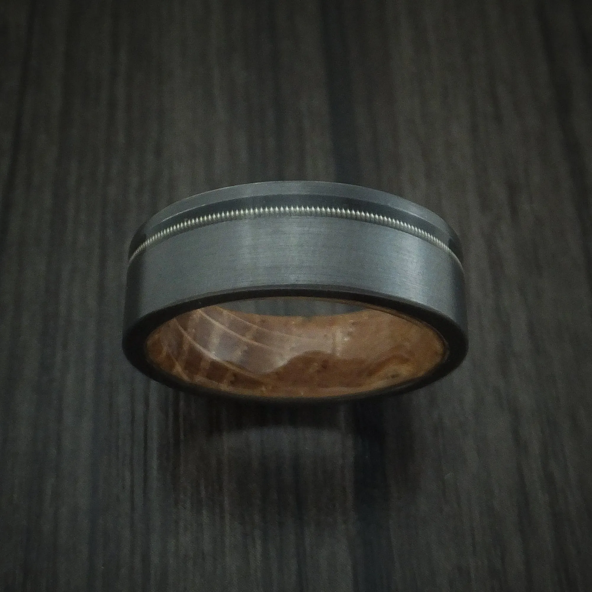 Black Titanium Guitar String Men's Ring with Whiskey Barrel Hardwood Sleeve Custom Made Band