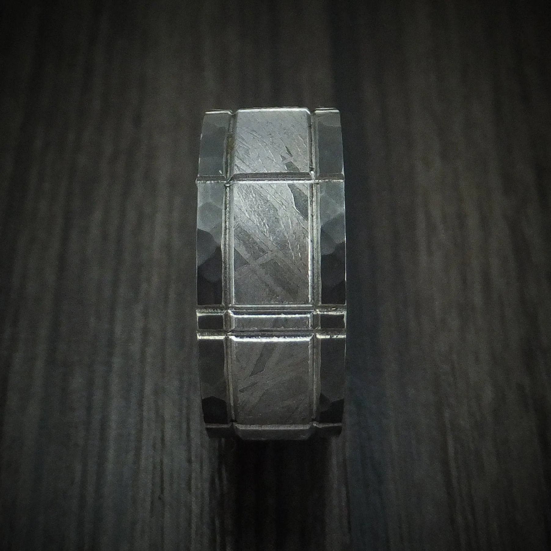 Black Zirconium and Meteorite Crosshatch Design Men's Ring Custom Made Band