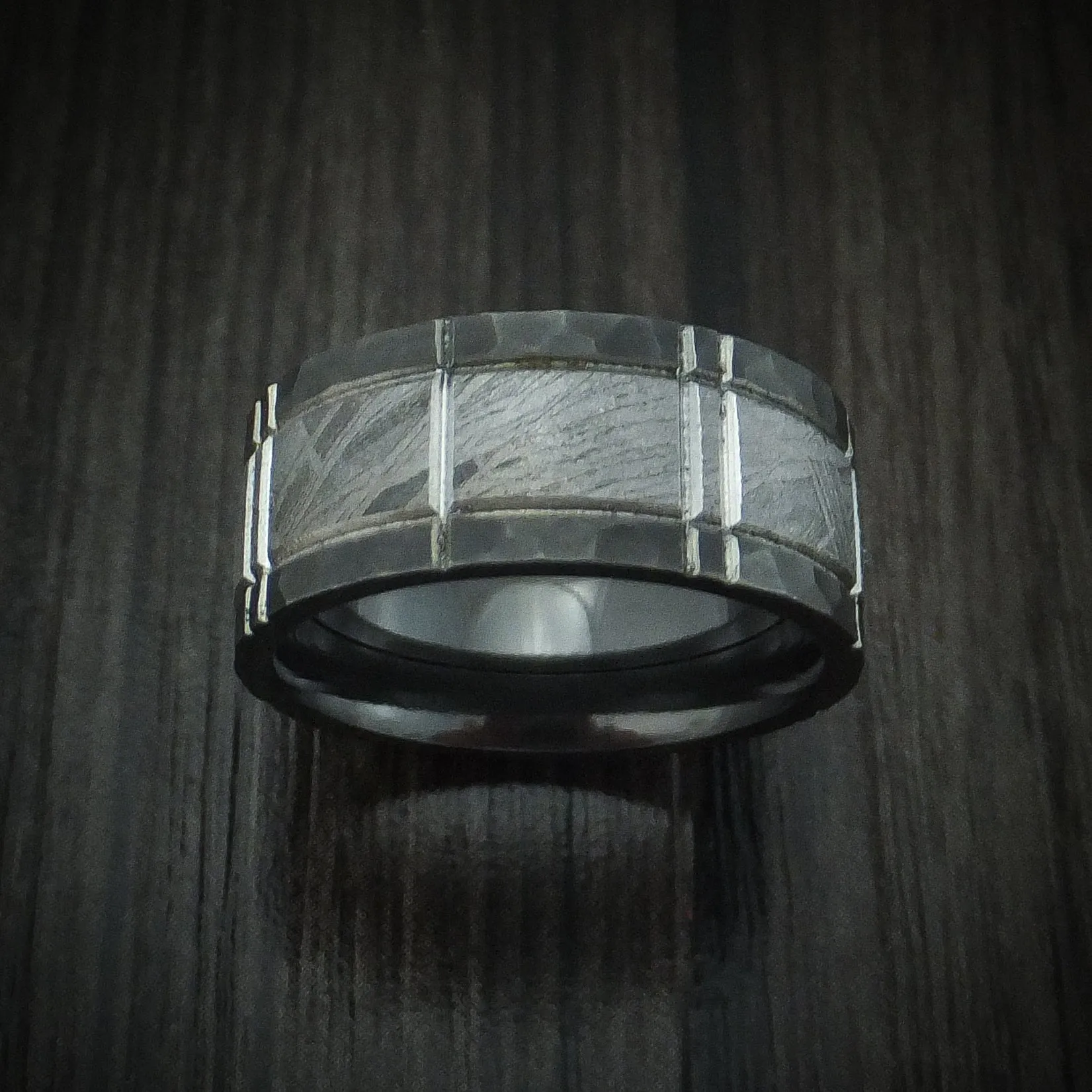 Black Zirconium and Meteorite Crosshatch Design Men's Ring Custom Made Band
