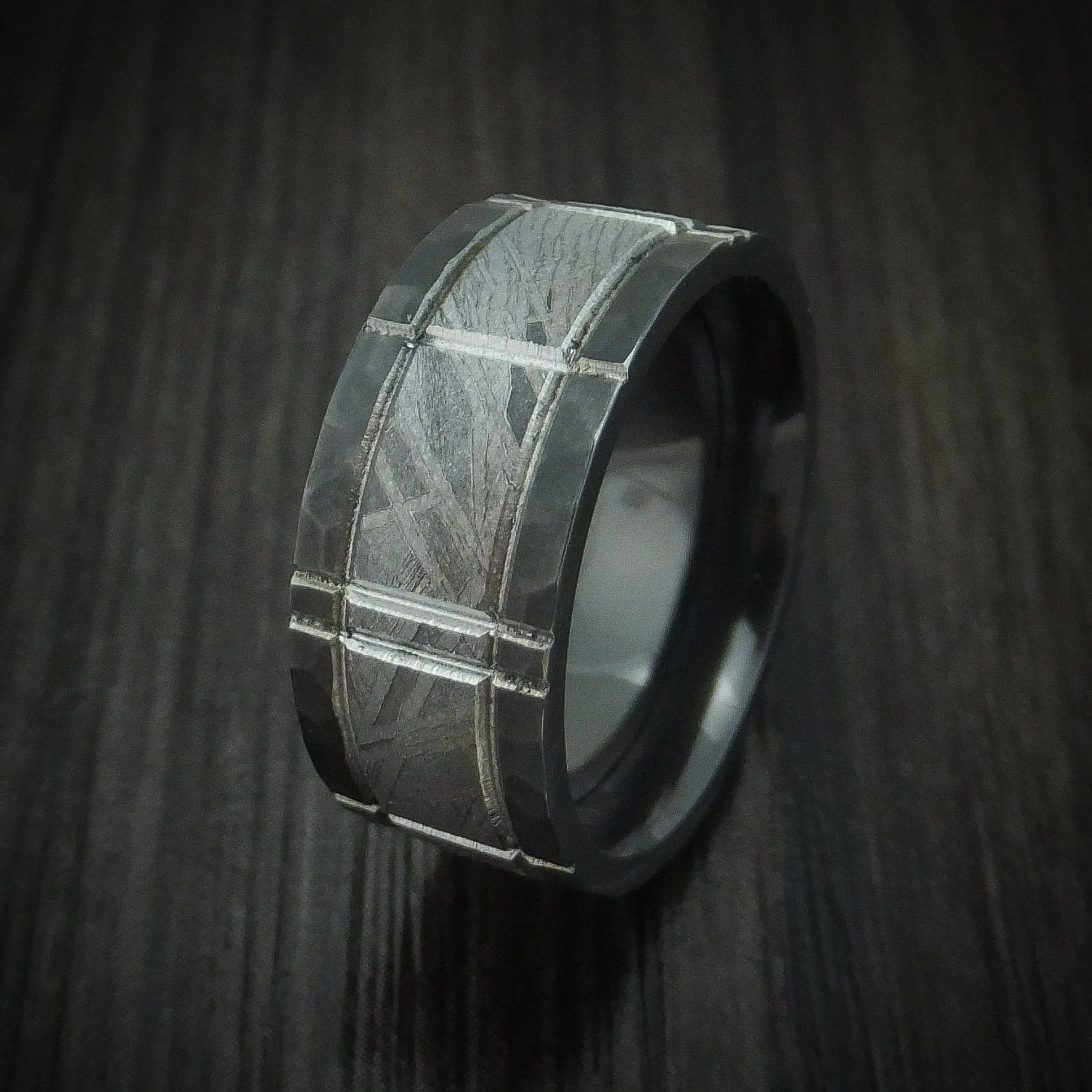 Black Zirconium and Meteorite Crosshatch Design Men's Ring Custom Made Band