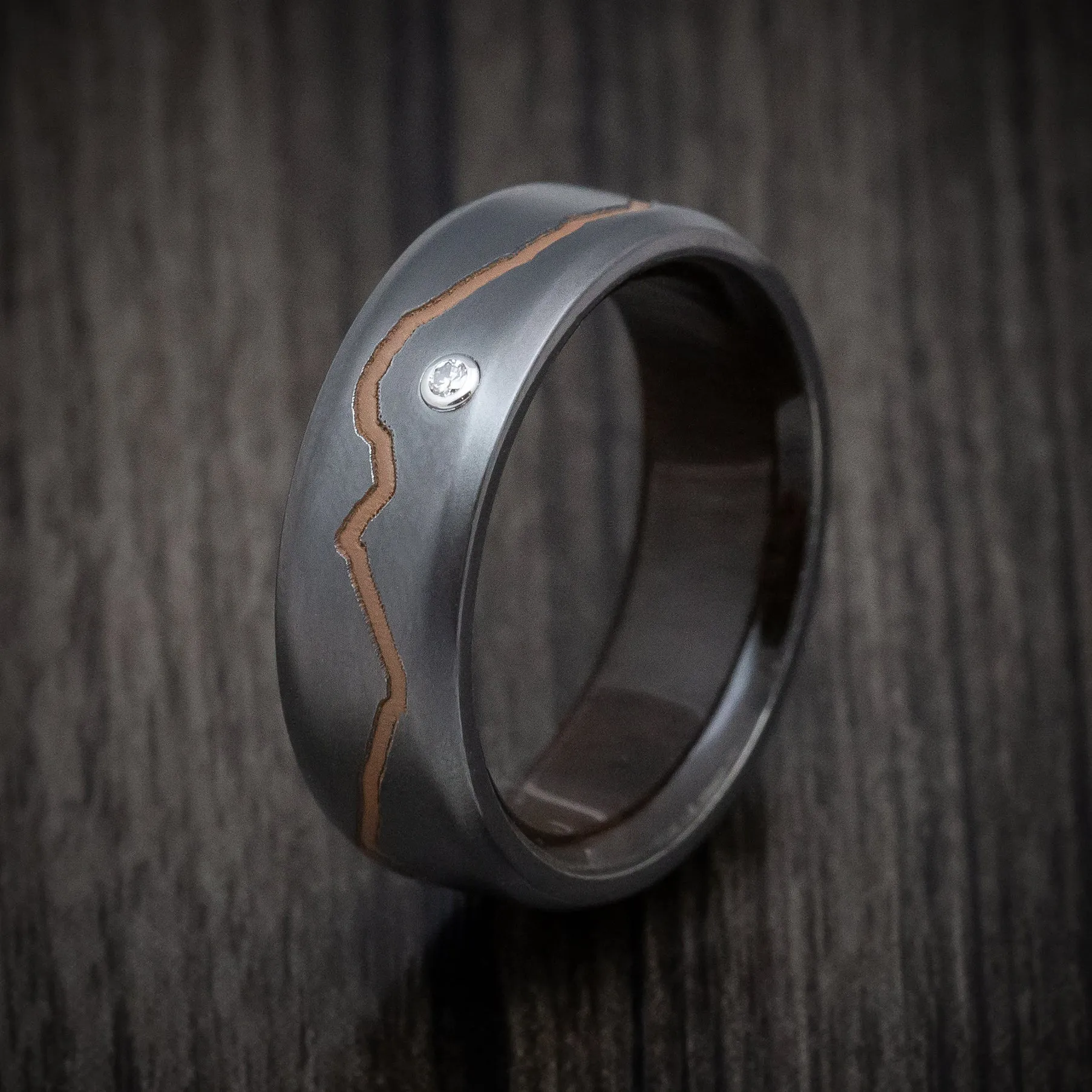 Black Zirconium Diamond Men's Ring With Custom Mountain Milling And Hardwood Interior Sleeve Custom Made