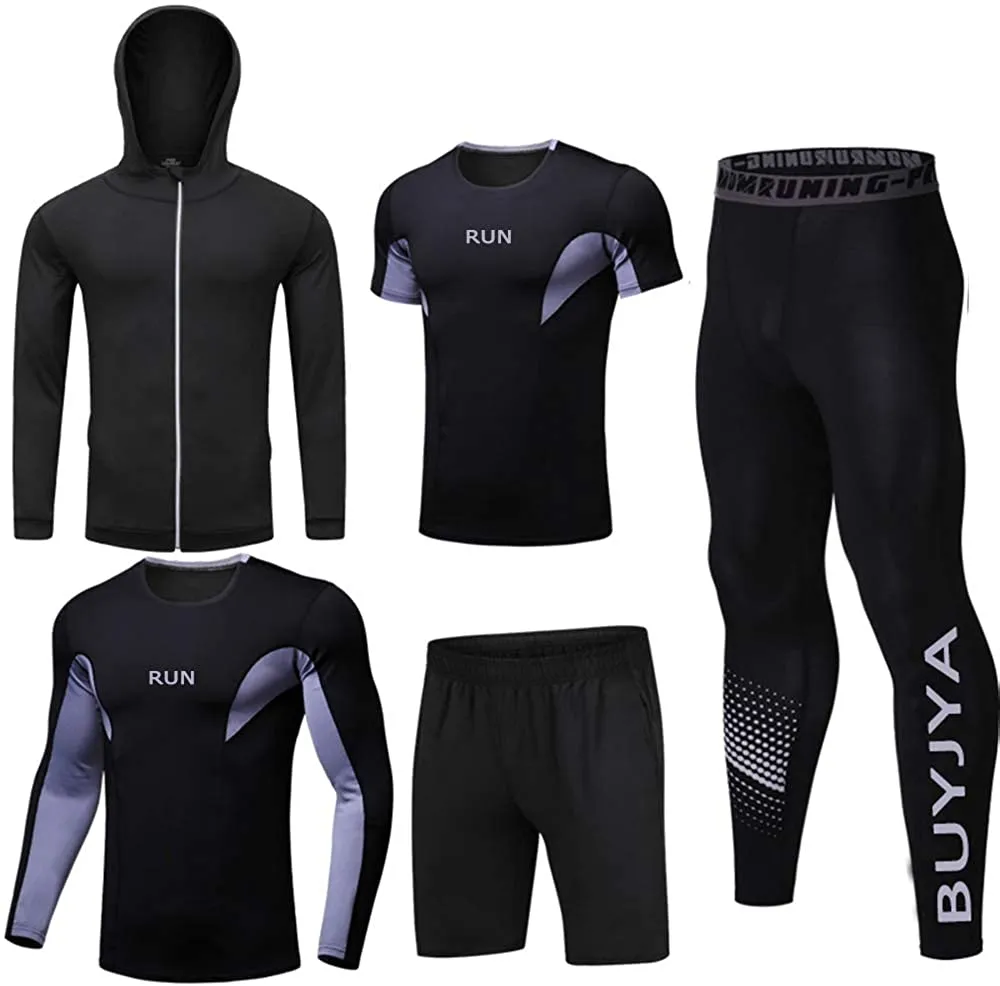BUYJYA 5Pcs Men's Compression Pants Shirt Top Long Sleeve Jacket Athletic Sets Gym Clothing Mens Workout Valentines Day Gift