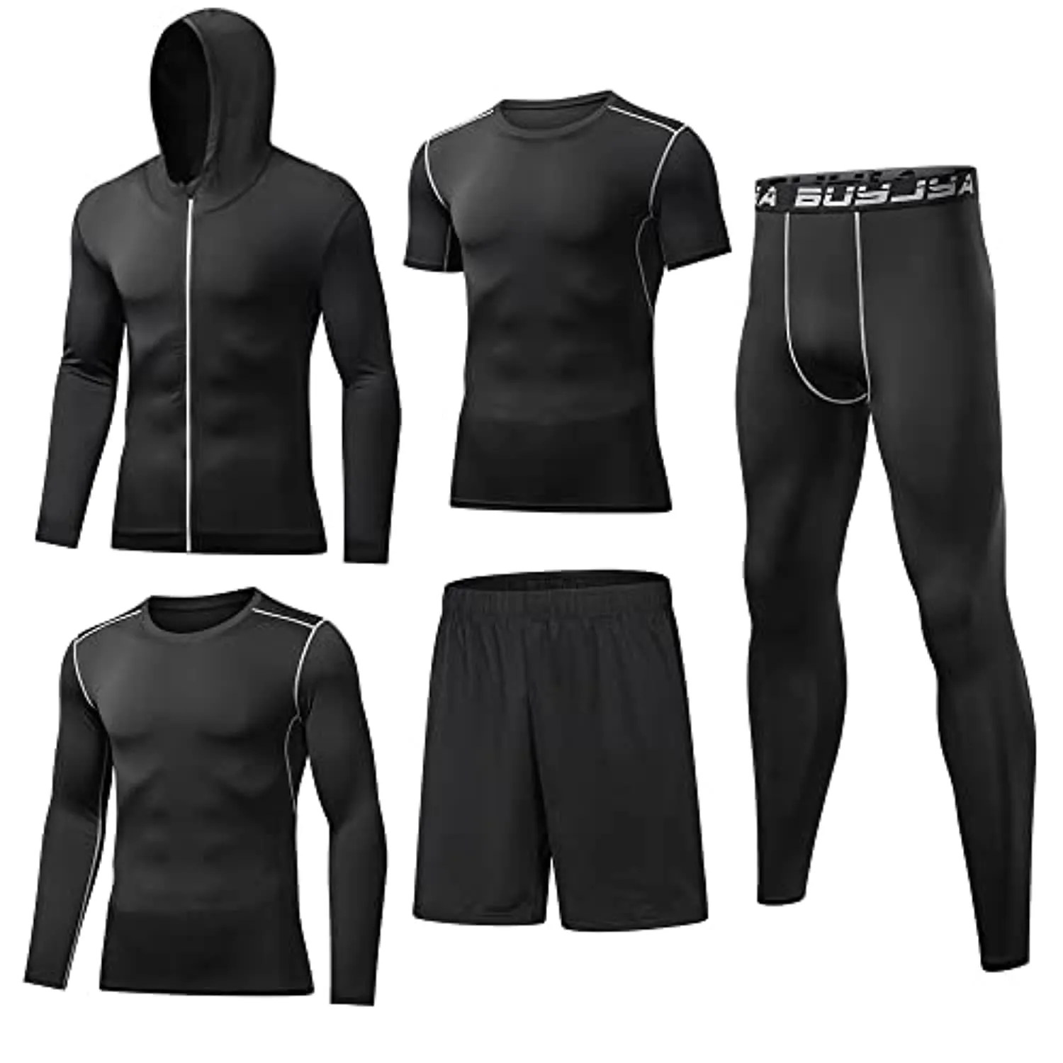 BUYJYA 5Pcs Men's Compression Pants Shirt Top Long Sleeve Jacket Athletic Sets Gym Clothing Mens Workout Valentines Day Gift