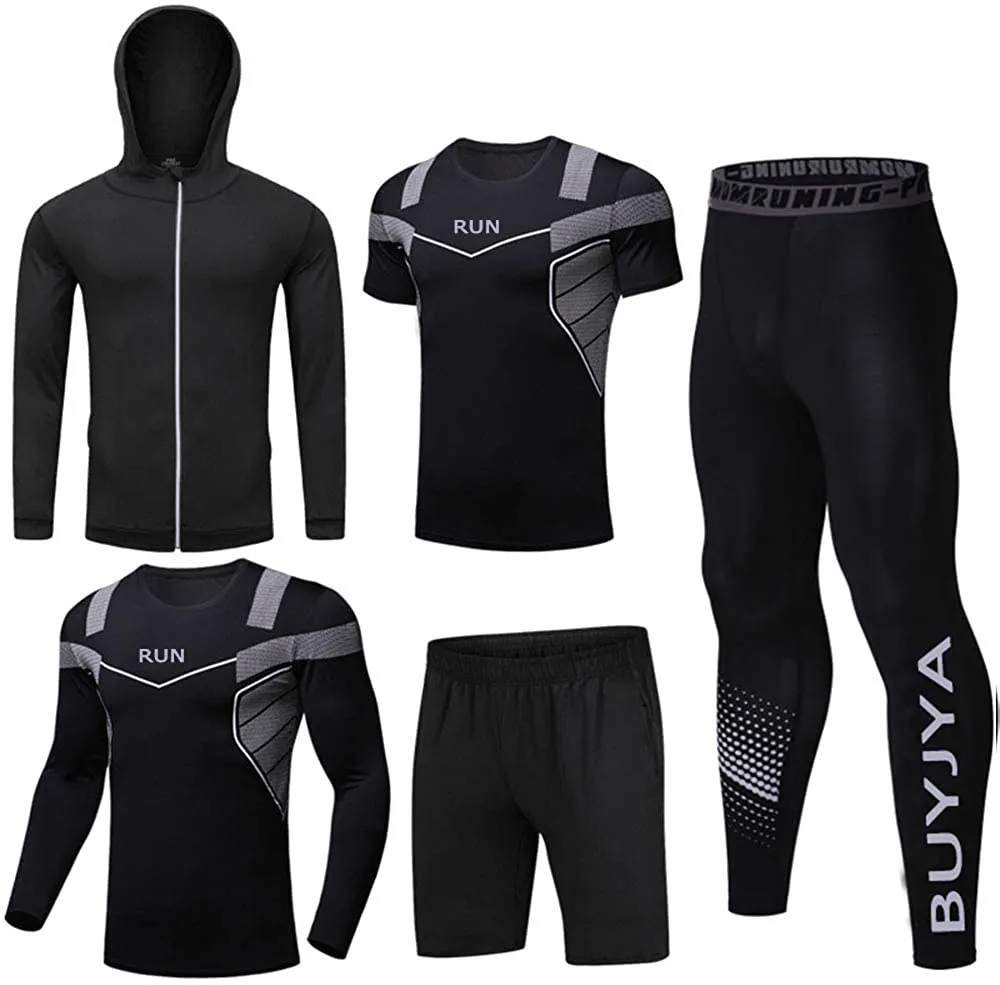 BUYJYA 5Pcs Men's Compression Pants Shirt Top Long Sleeve Jacket Athletic Sets Gym Clothing Mens Workout Valentines Day Gift