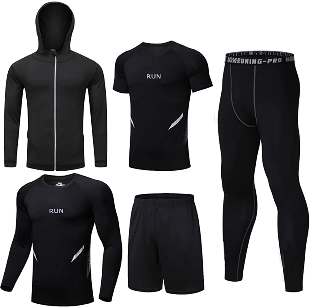 BUYJYA 5Pcs Men's Compression Pants Shirt Top Long Sleeve Jacket Athletic Sets Gym Clothing Mens Workout Valentines Day Gift