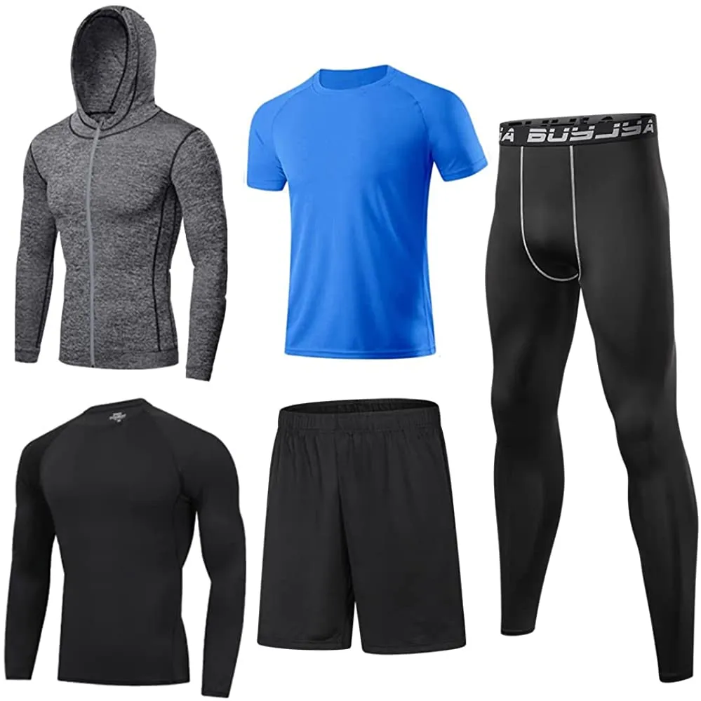 BUYJYA 5Pcs Men's Compression Pants Shirt Top Long Sleeve Jacket Athletic Sets Gym Clothing Mens Workout Valentines Day Gift
