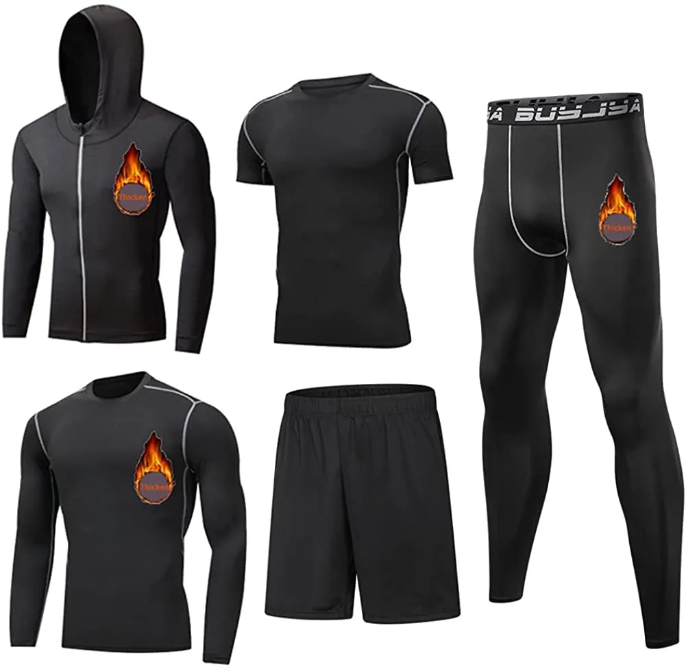 BUYJYA 5Pcs Men's Compression Pants Shirt Top Long Sleeve Jacket Athletic Sets Gym Clothing Mens Workout Valentines Day Gift