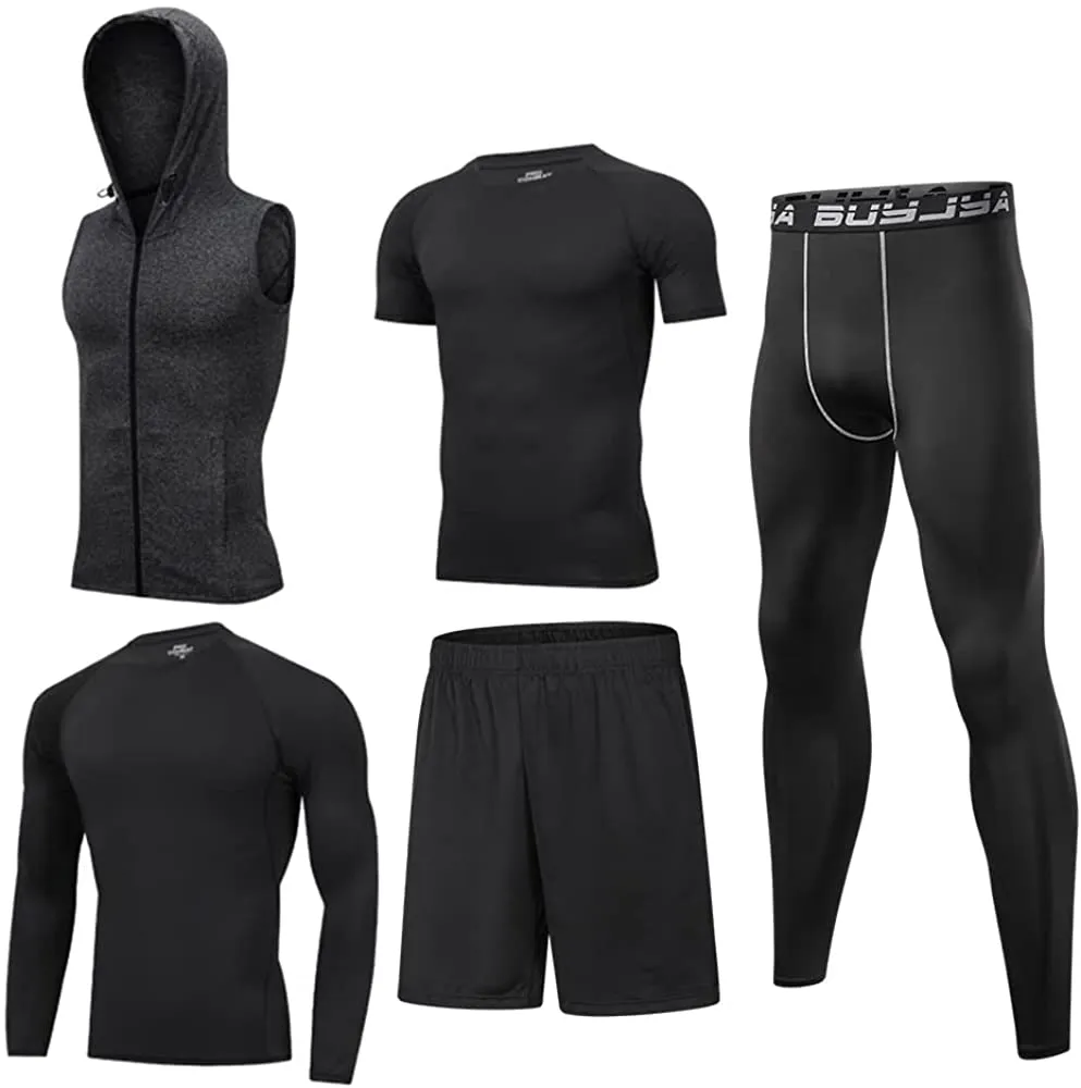 BUYJYA 5Pcs Men's Compression Pants Shirt Top Long Sleeve Jacket Athletic Sets Gym Clothing Mens Workout Valentines Day Gift