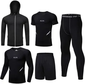 BUYJYA 5Pcs Men's Compression Pants Shirt Top Long Sleeve Jacket Athletic Sets Gym Clothing Mens Workout Valentines Day Gift