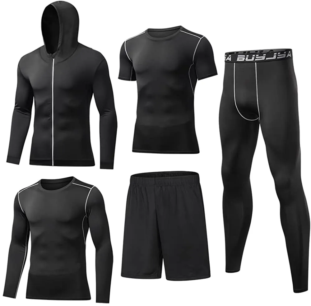 BUYJYA 5Pcs Men's Compression Pants Shirt Top Long Sleeve Jacket Athletic Sets Gym Clothing Mens Workout Valentines Day Gift