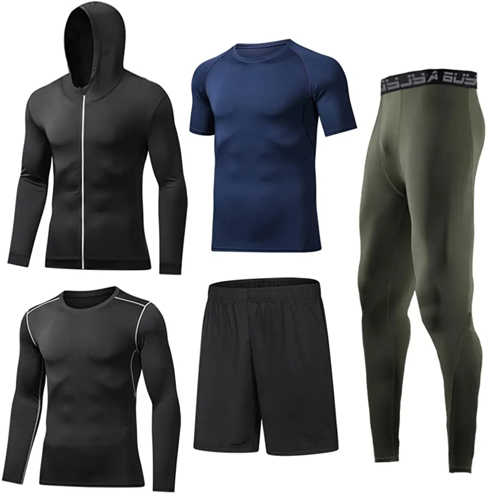 BUYJYA 5Pcs Men's Compression Pants Shirt Top Long Sleeve Jacket Athletic Sets Gym Clothing Mens Workout Valentines Day Gift