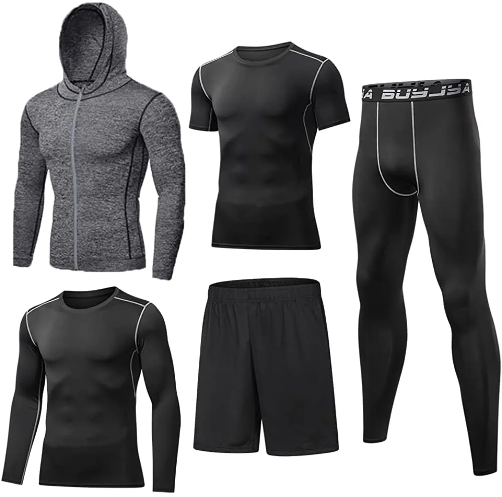 BUYJYA 5Pcs Men's Compression Pants Shirt Top Long Sleeve Jacket Athletic Sets Gym Clothing Mens Workout Valentines Day Gift