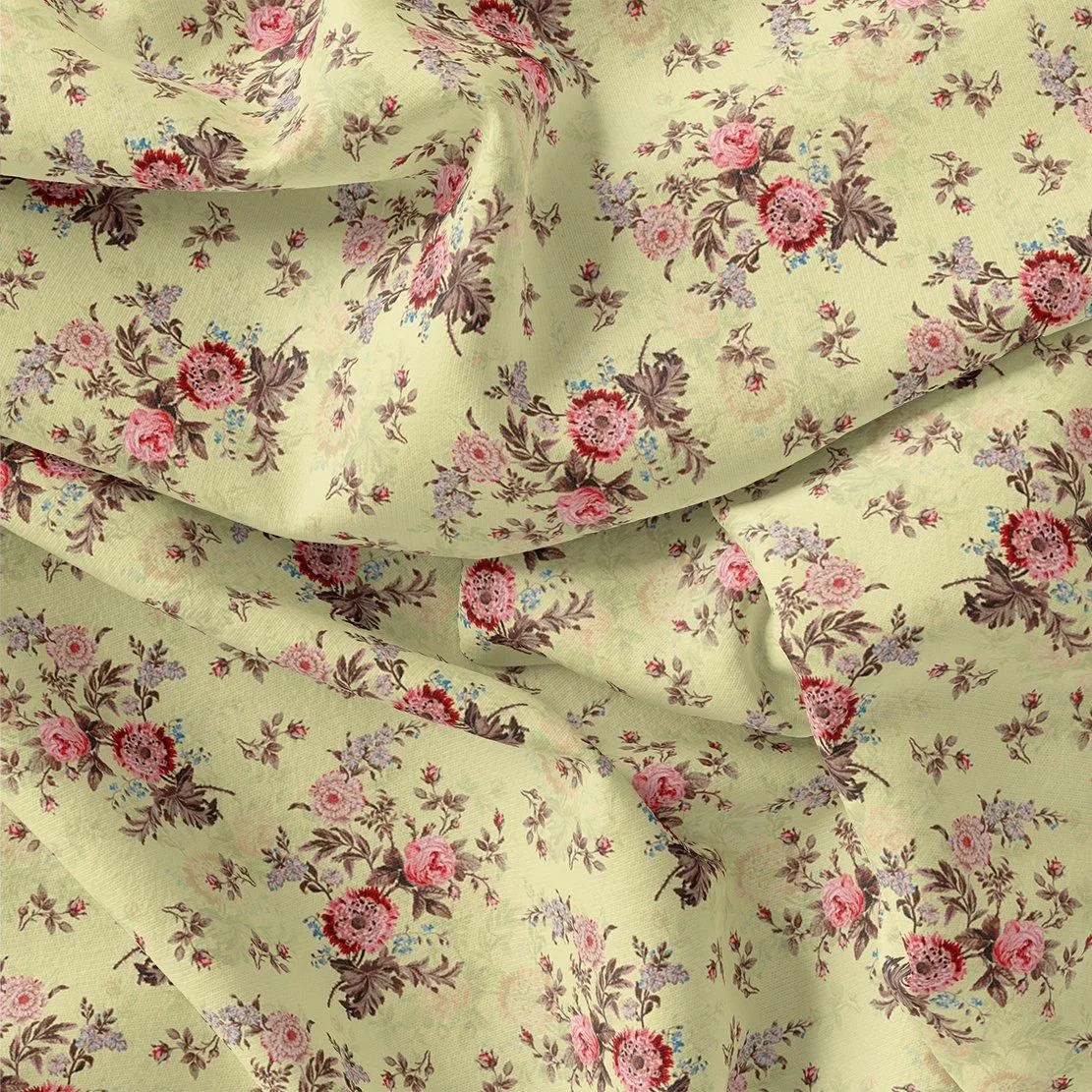 Chrysanthemum And Roses Bunch Digital Printed Fabric - Japan Satin