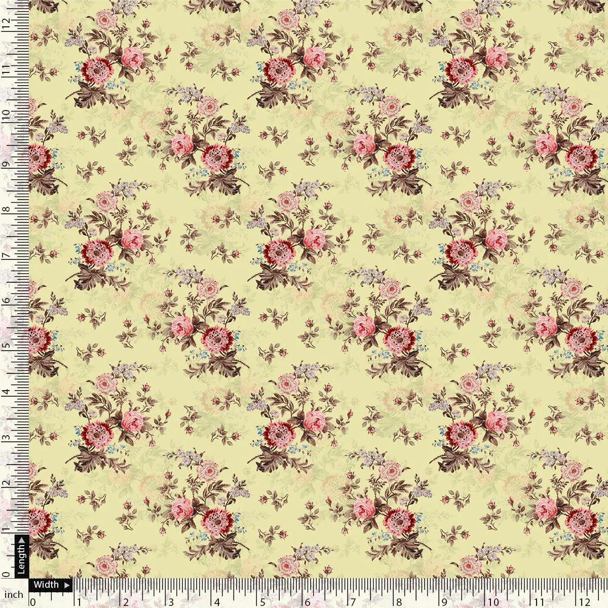 Chrysanthemum And Roses Bunch Digital Printed Fabric - Japan Satin