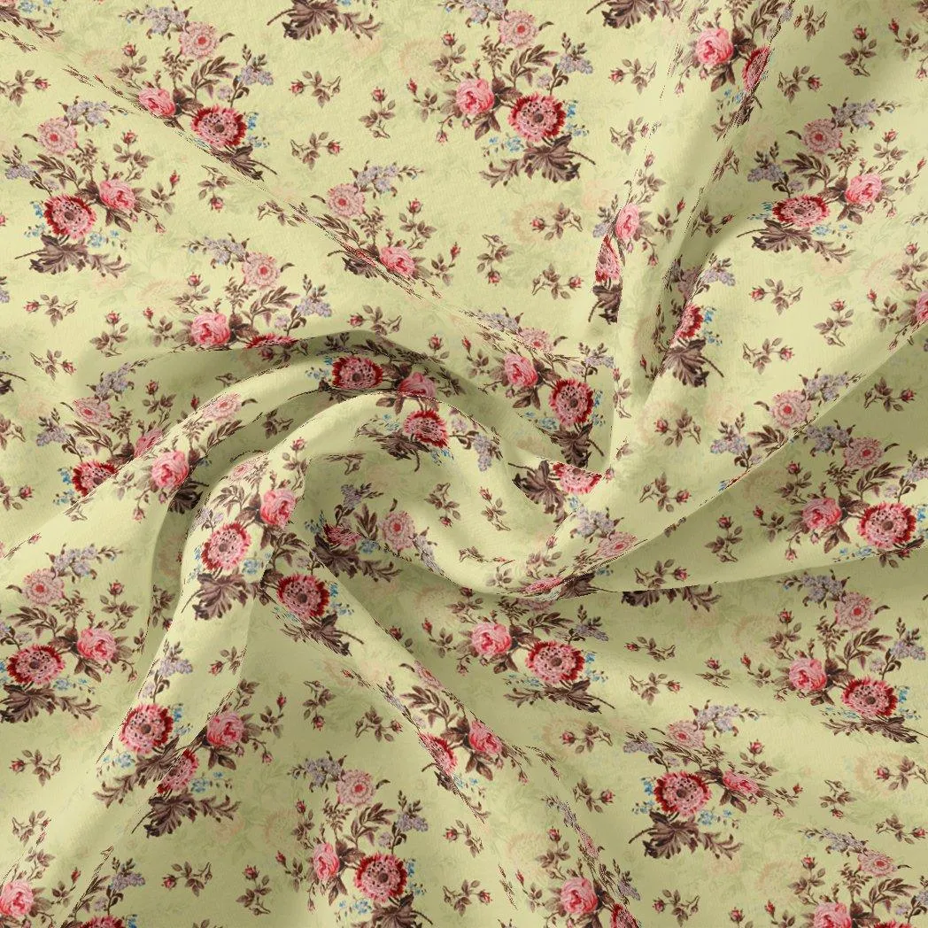 Chrysanthemum And Roses Bunch Digital Printed Fabric - Japan Satin