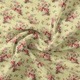 Chrysanthemum And Roses Bunch Digital Printed Fabric - Japan Satin