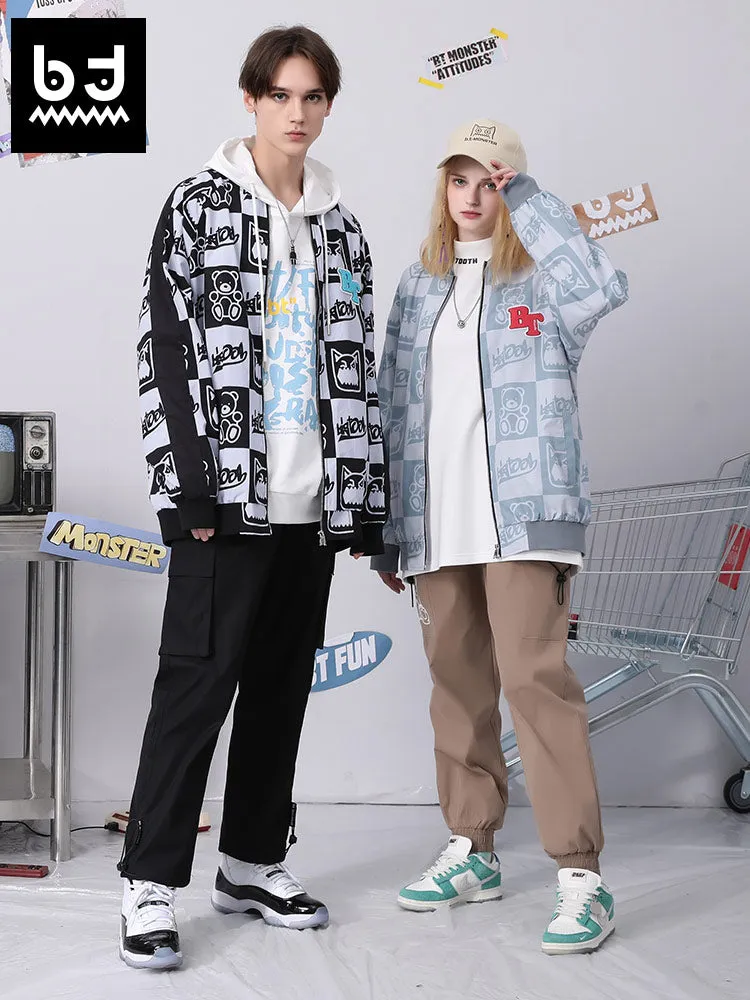 Color contrast patchwork Bigtooth Bear full monogrammed embroidered baseball collar jacket