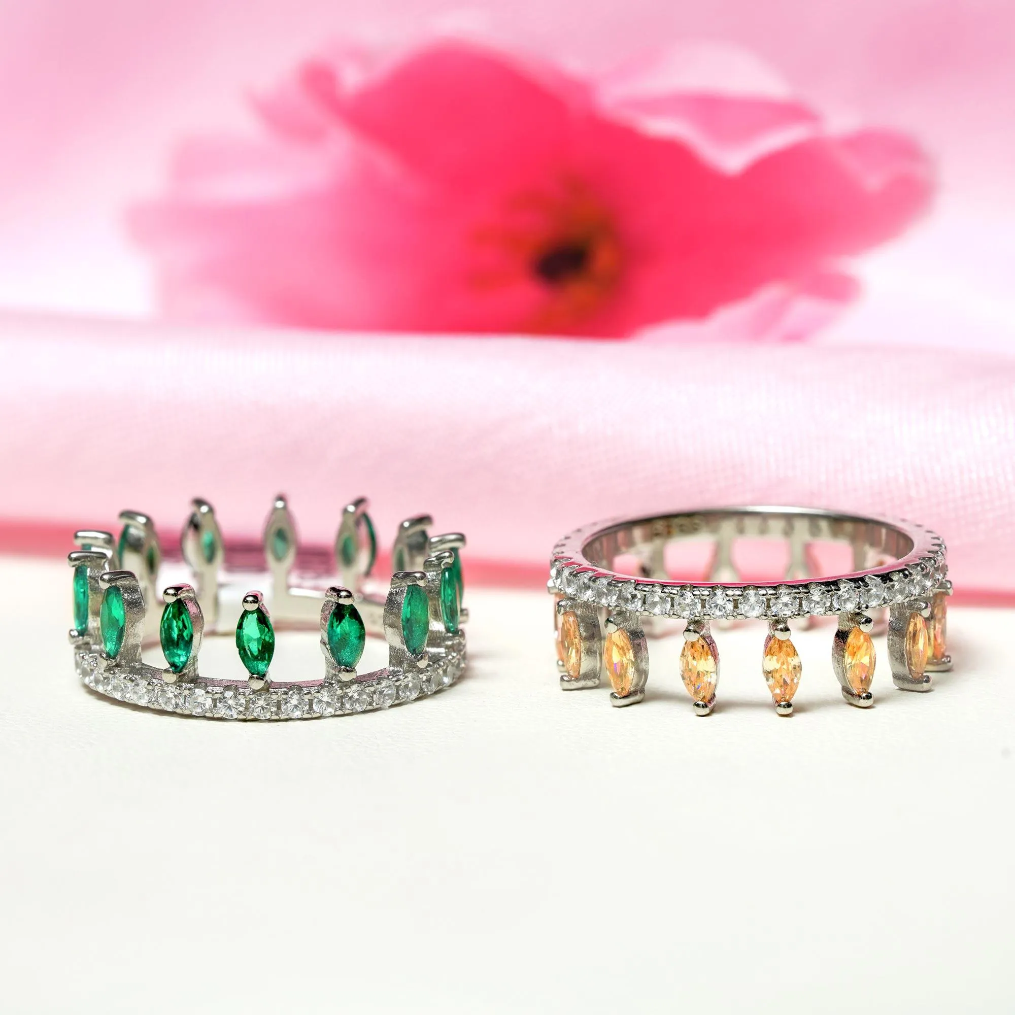 Crystal 2 in 1 Dazzling Pale Yellow and Green Interlocking 92.5 Sterling Silver  Ring