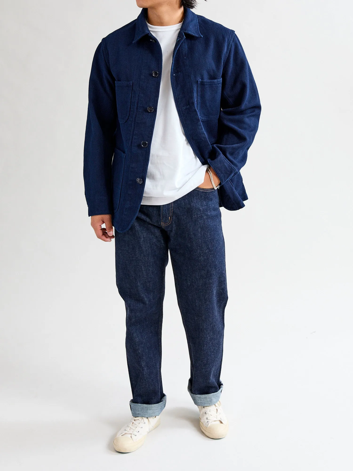 Double Cloth Sashiko Coverall Jacket in Hand Dyed Indigo