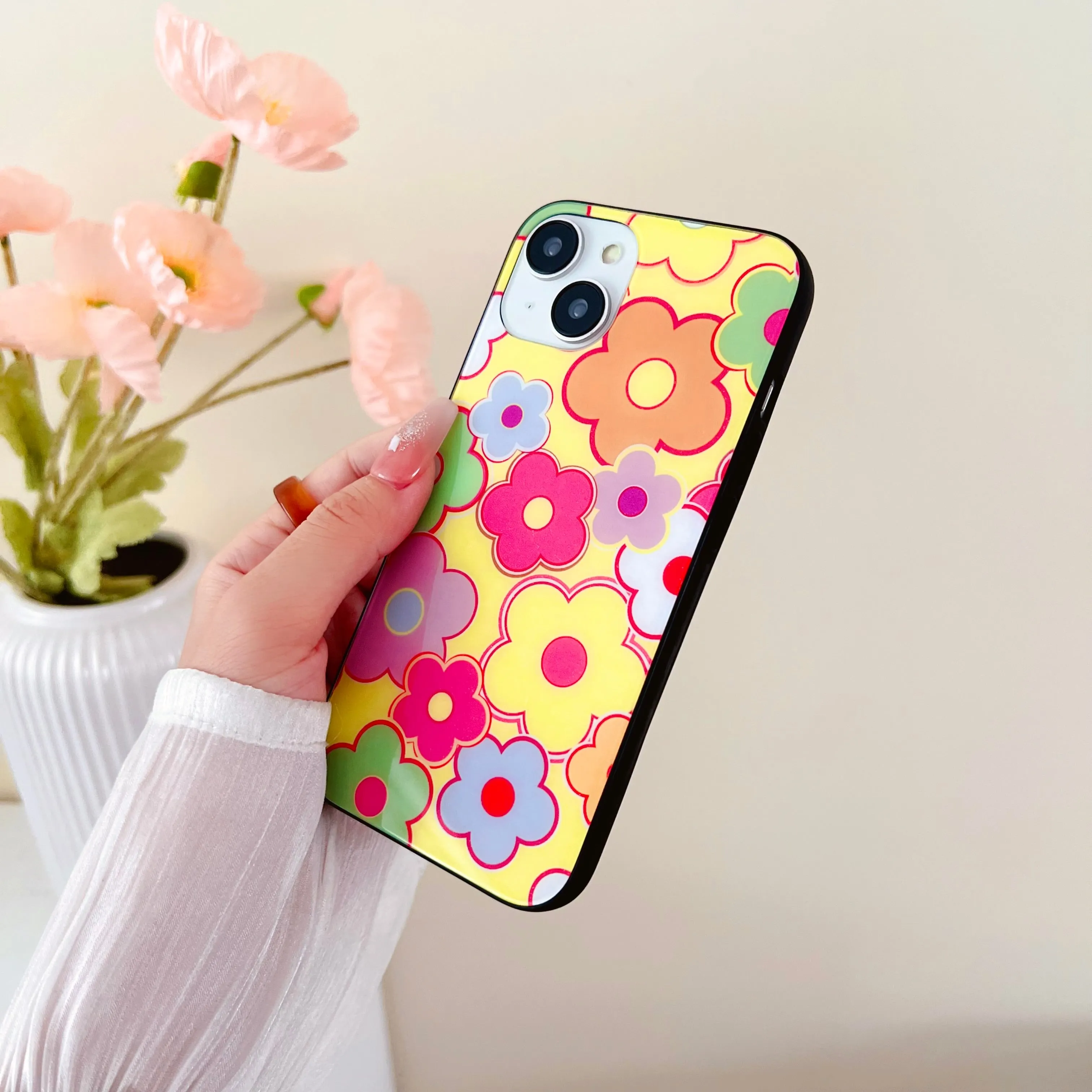 Floral Doodle Design Glass Case for iPhone