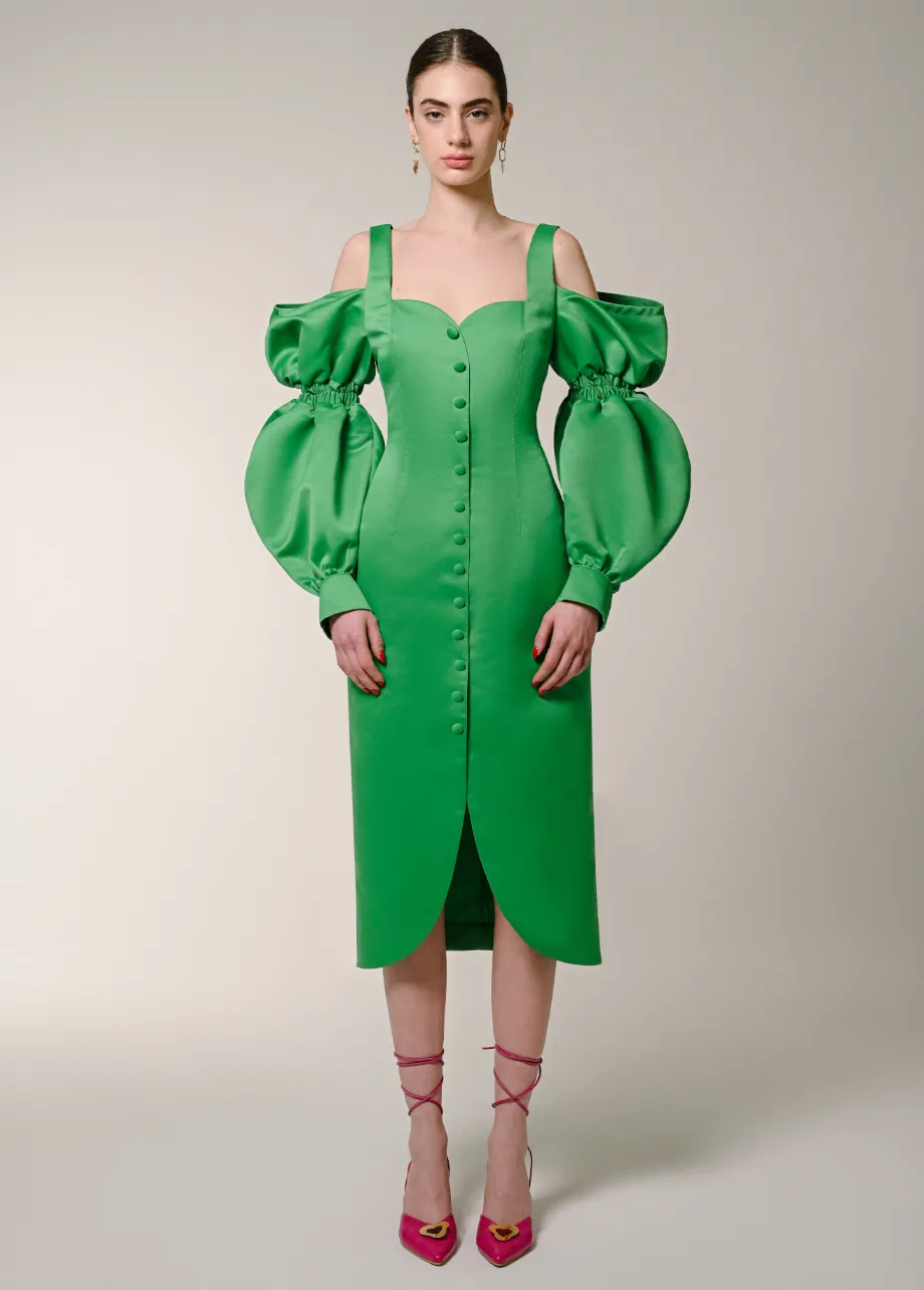GREEN PUFF SLEEVES DRESS