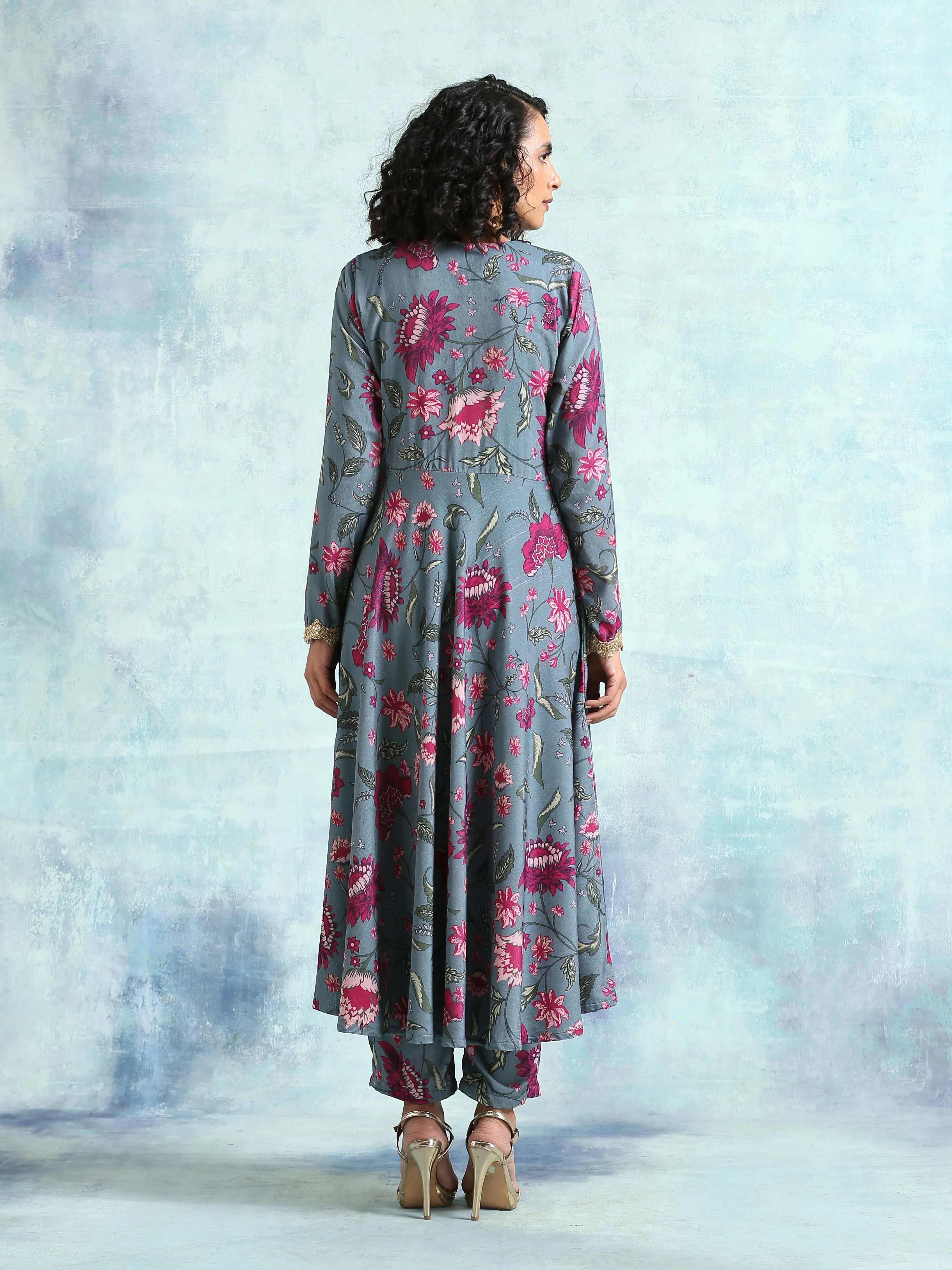 Grey Printed Velvet Anarkali Kurta