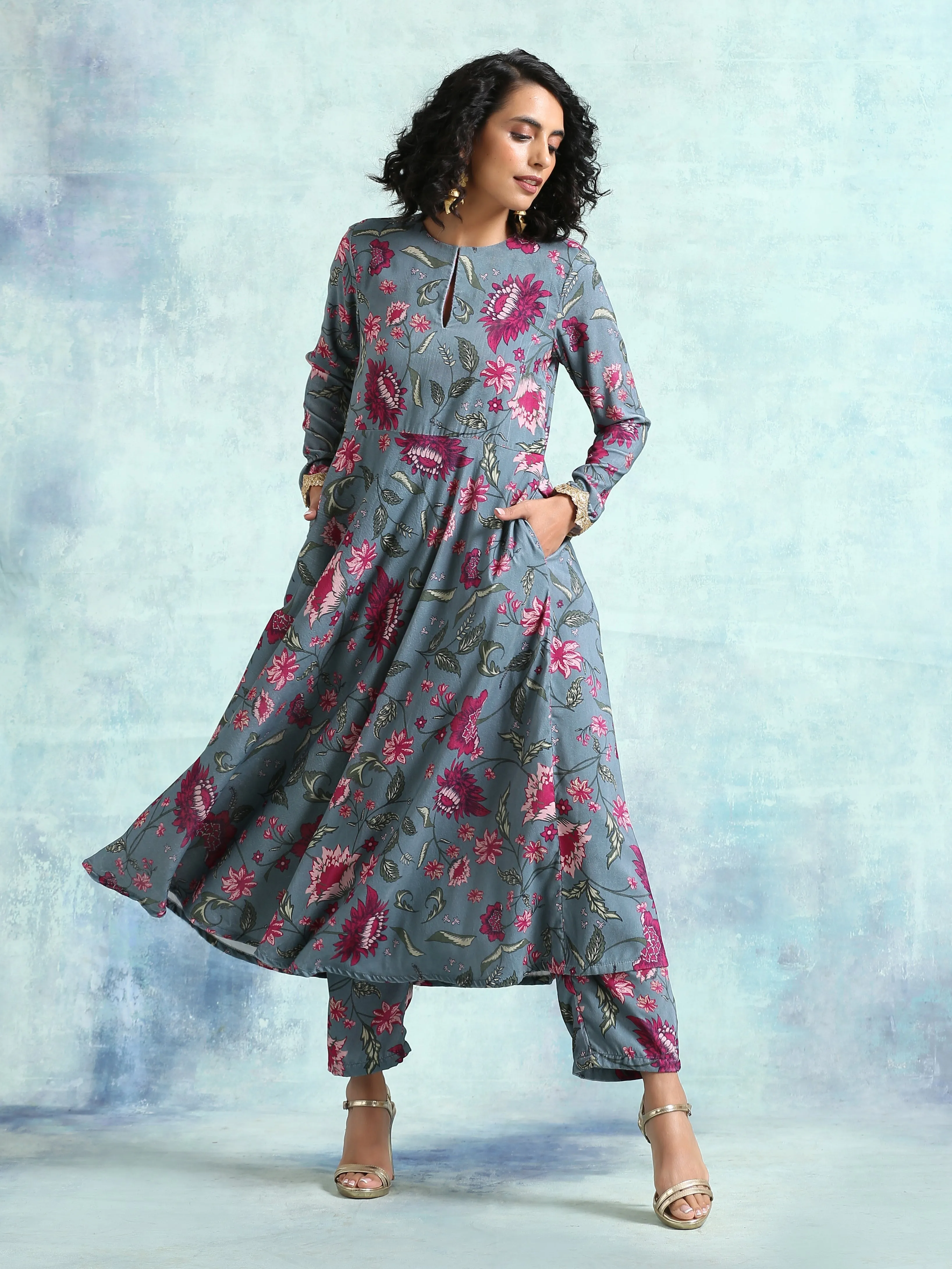 Grey Printed Velvet Anarkali Kurta