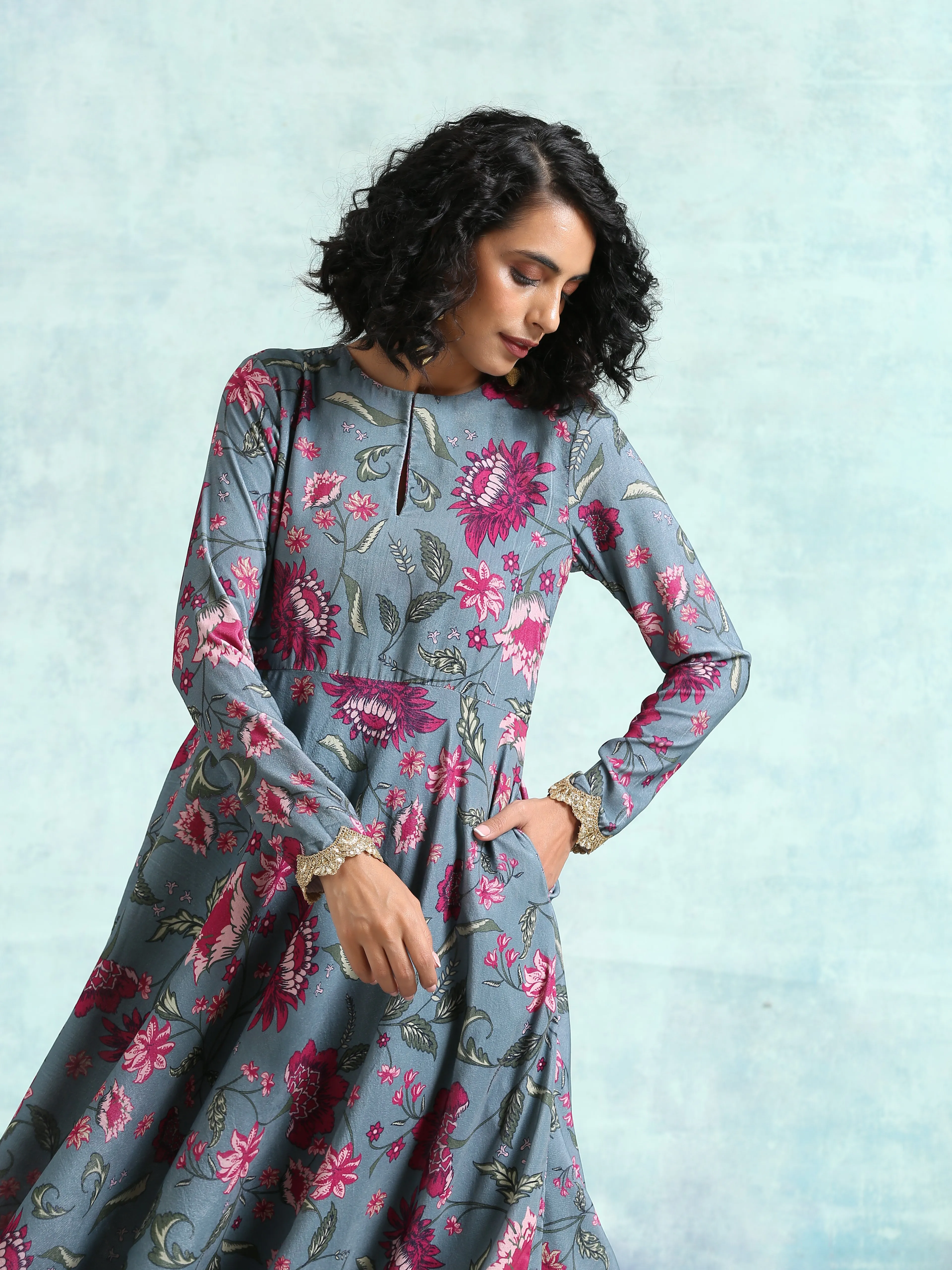 Grey Printed Velvet Anarkali Kurta