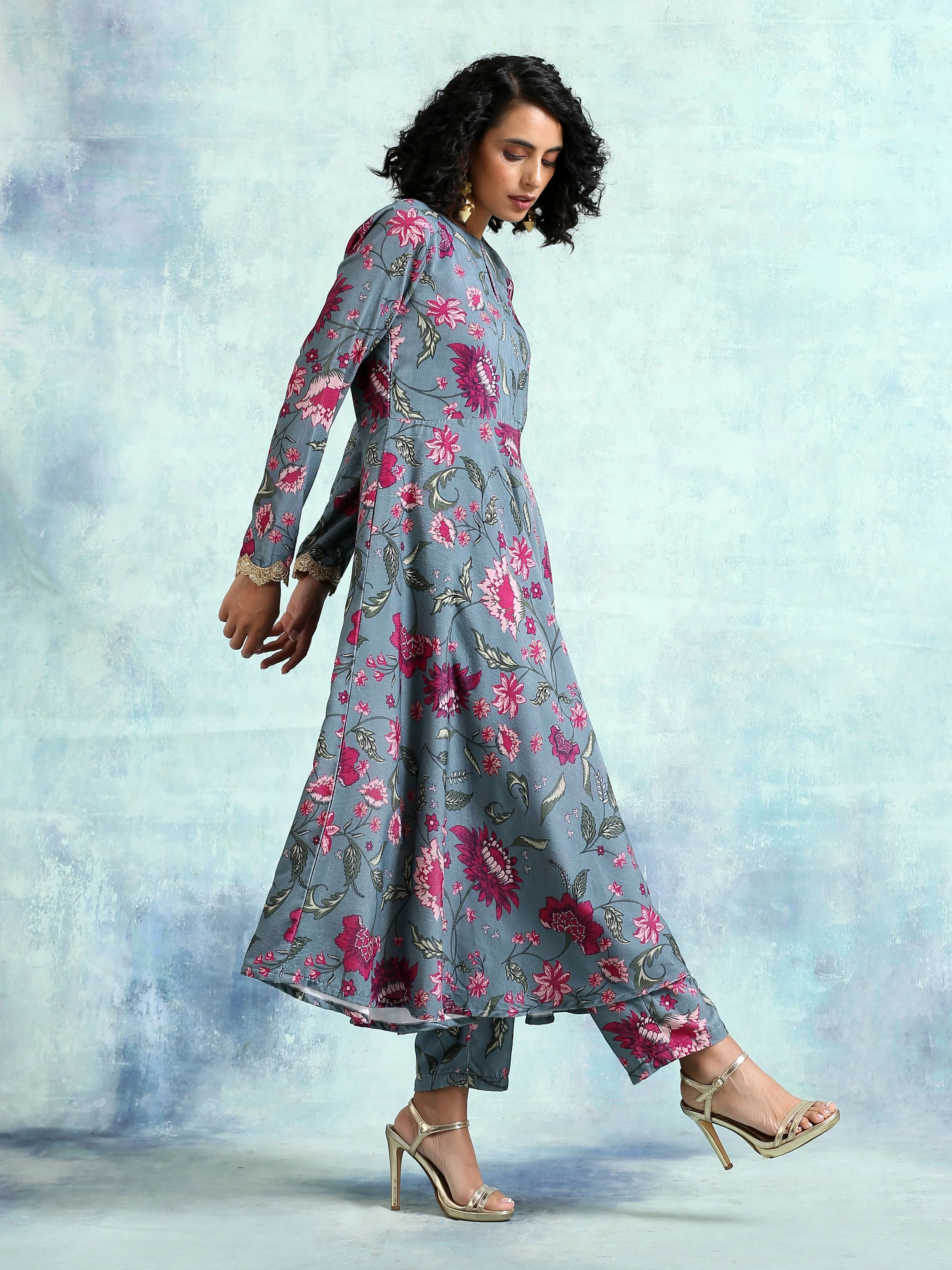 Grey Printed Velvet Anarkali Kurta