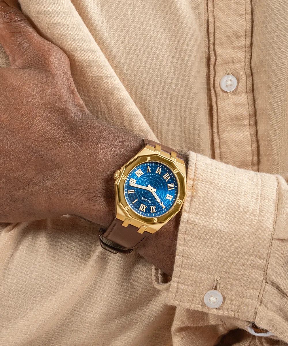 GUESS Mens Brown Gold Tone Analog Watch