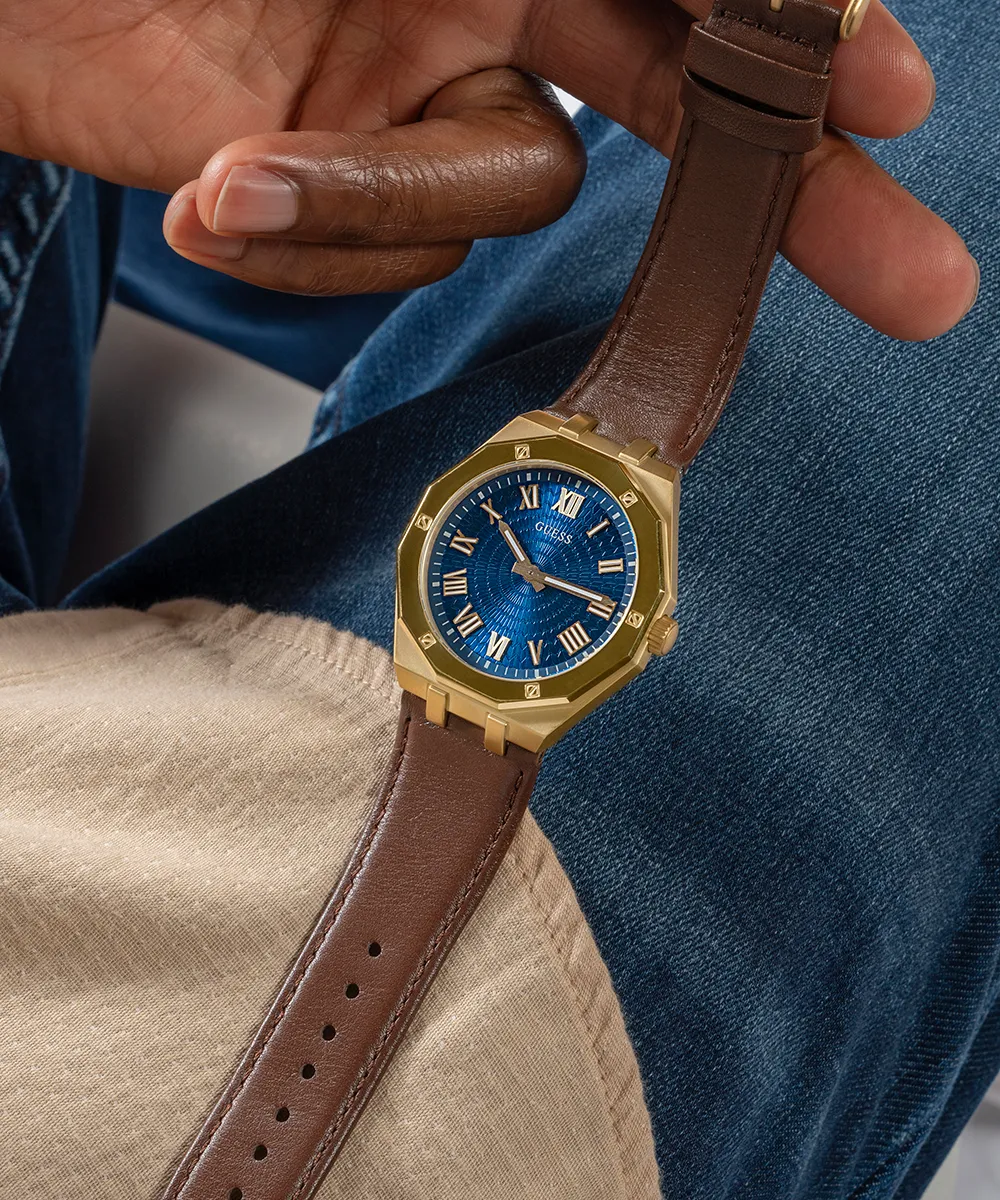 GUESS Mens Brown Gold Tone Analog Watch