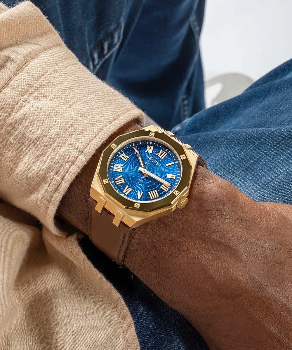 GUESS Mens Brown Gold Tone Analog Watch