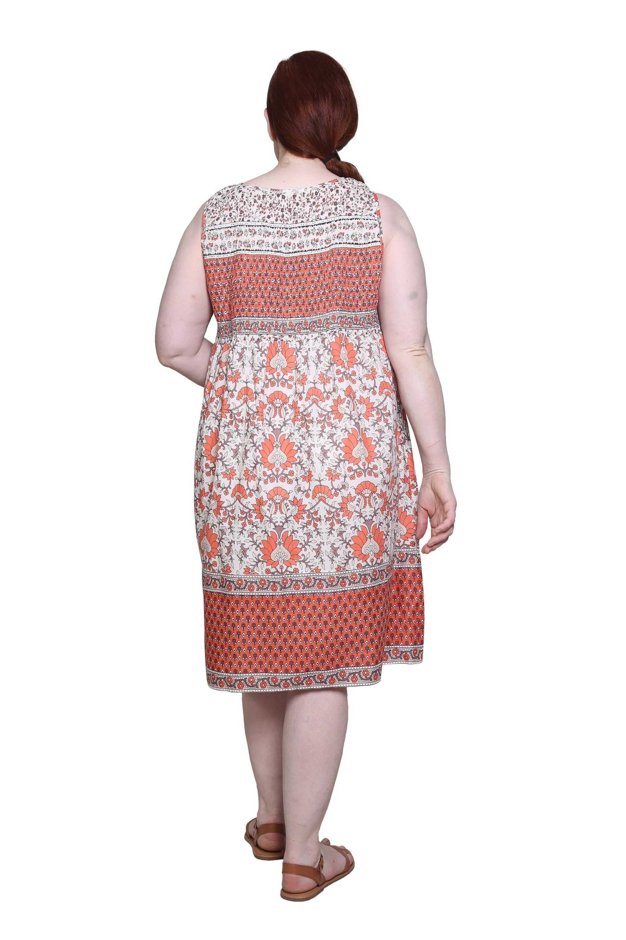 La Cera 100% Cotton Coral Floral Sleeveless Dress - Plus Size