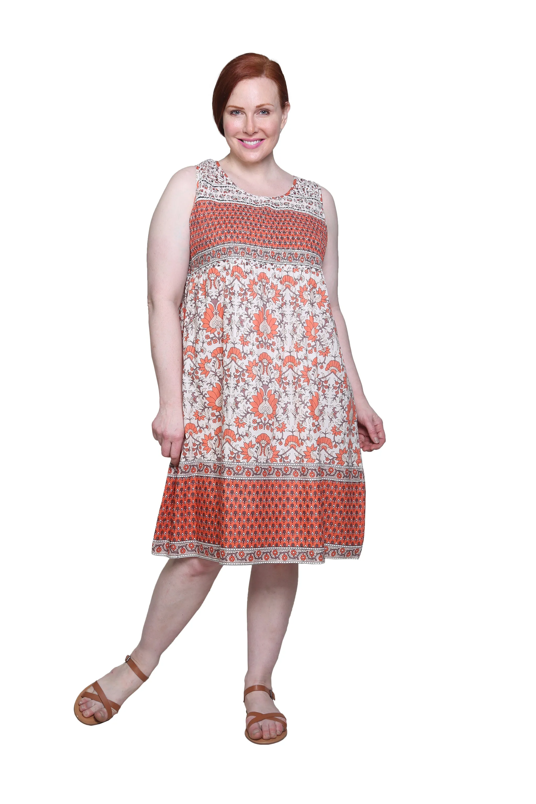 La Cera 100% Cotton Coral Floral Sleeveless Dress - Plus Size