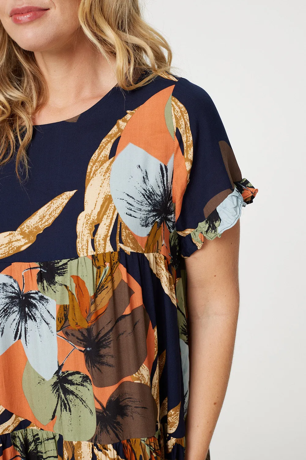 Leaf Print Frilled Knee Length Shift Dress