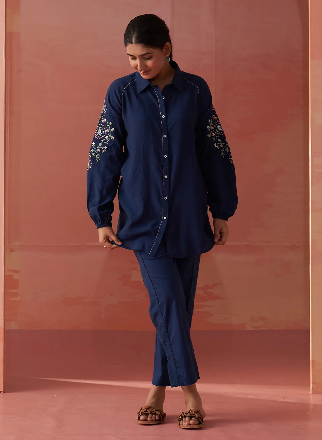 Mayal Navy Blue Embroidered Cotton Linen Shirt for Women