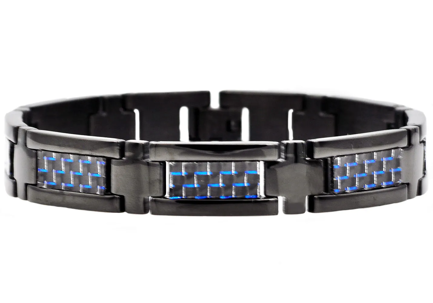 Mens Black Stainless Steel Bracelet With Black And Blue Carbon Fiber