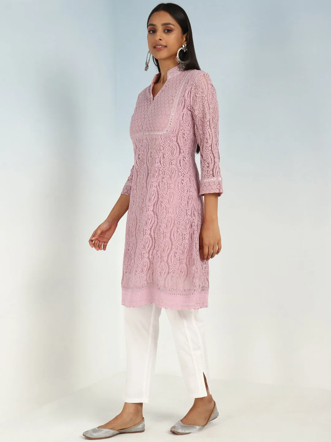Mirror Work Pink Kurta with Floral Motifs