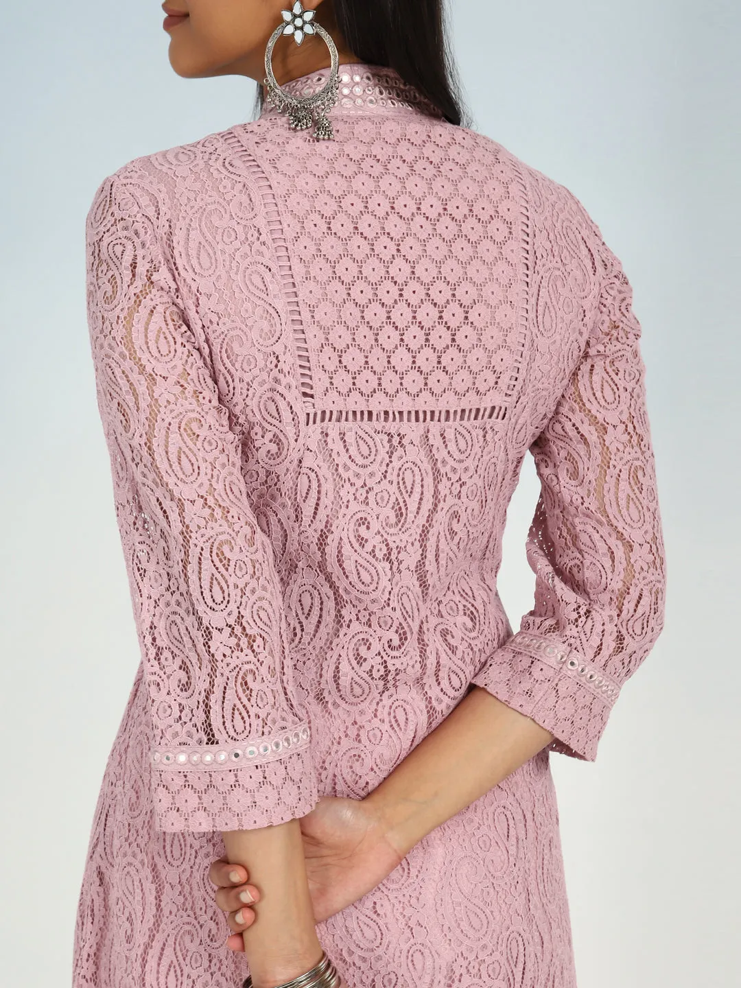 Mirror Work Pink Kurta with Floral Motifs