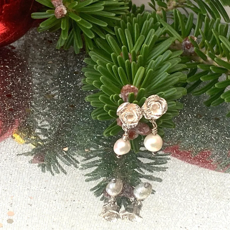 One of a kind,Sterling silver, Rose and Pearl stud earrings